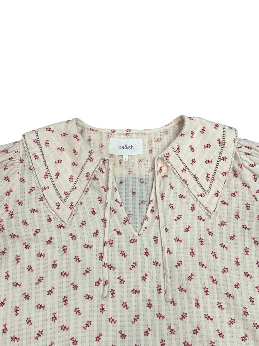ba&sh Cream Blouse with Red Floral Print and Peter Pan Collar - Picture 8 of 14
